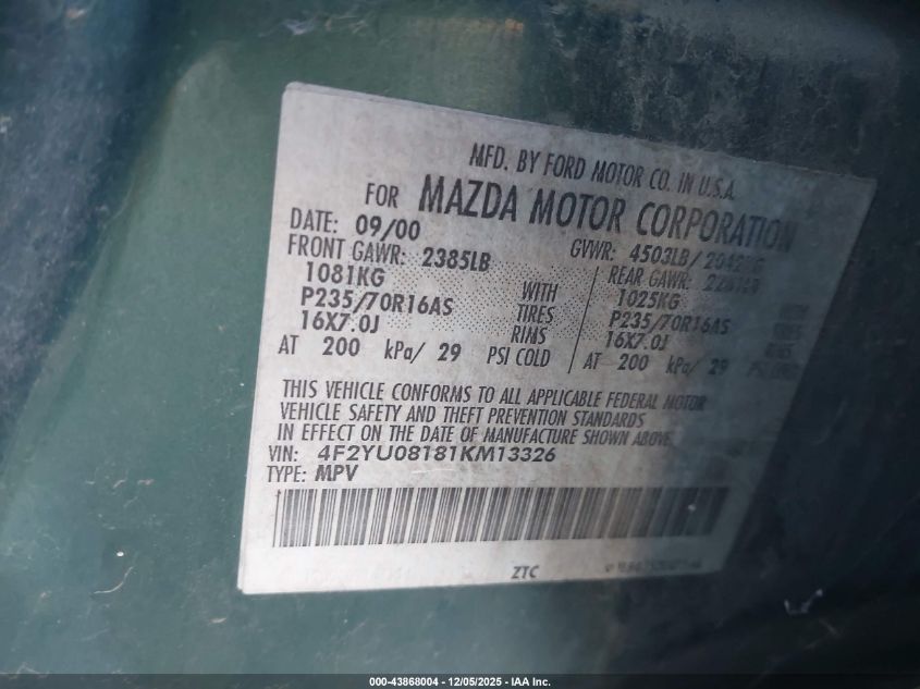 2001 Mazda Tribute Es V6/Lx V6 VIN: 4F2YU08181KM13326 Lot: 43868004