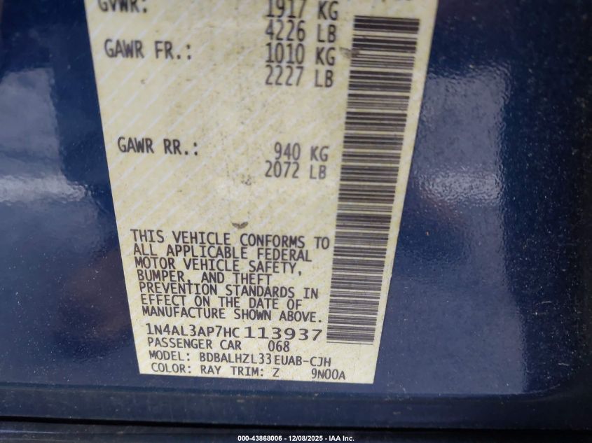 2017 Nissan Altima 2.5 Sr VIN: 1N4AL3AP7HC113937 Lot: 43868006