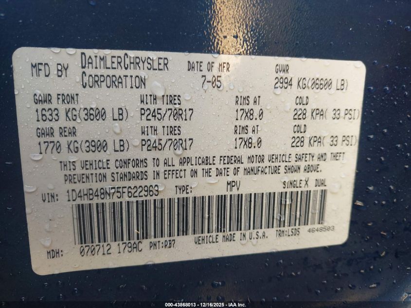 2005 Dodge Durango Slt VIN: 1D4HB48N75F622963 Lot: 43868013