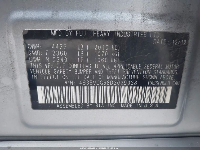 2013 Subaru Legacy 2.5 I Sport VIN: 4S3BMCG68D3029338 Lot: 43868028