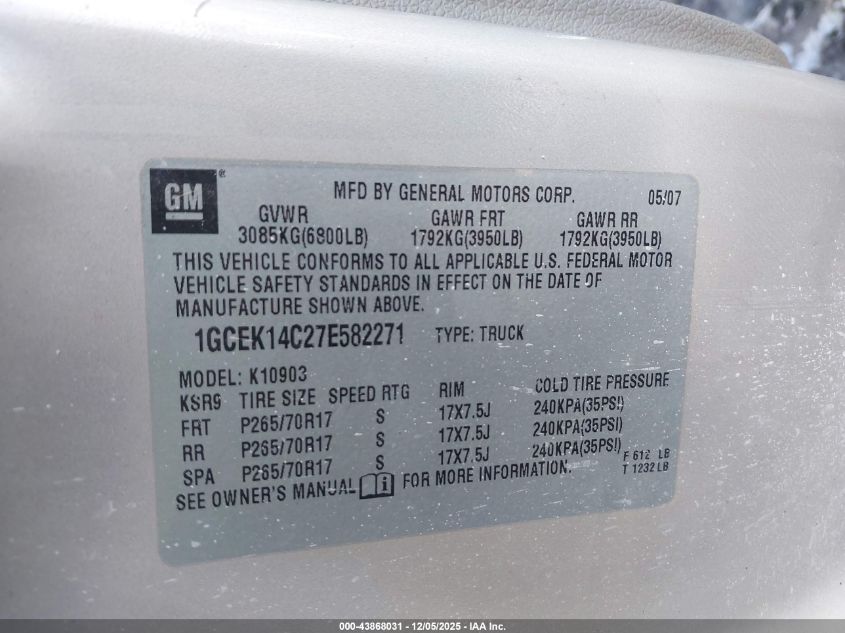 2007 Chevrolet Silverado 1500 Work Truck VIN: 1GCEK14C27E582271 Lot: 43868031