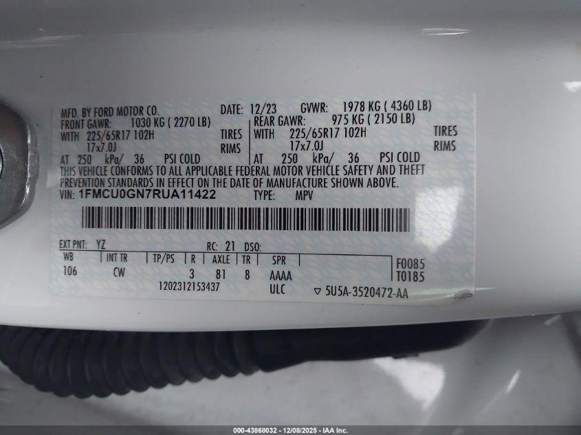 2024 Ford Escape Active VIN: 1FMCU0GN7RUA1142 Lot: 43868032