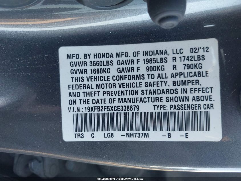 2012 Honda Civic Lx VIN: 19XFB2F5XCE338679 Lot: 43868039