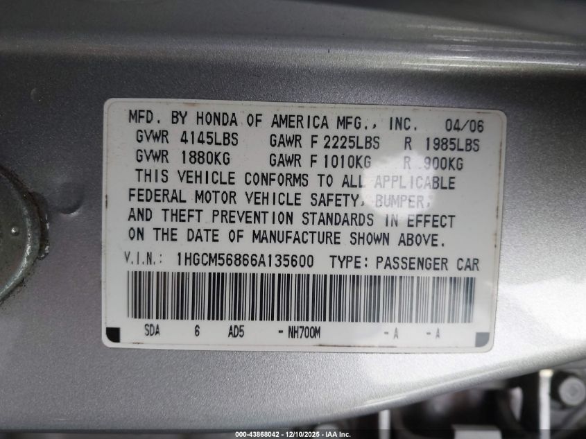 2006 Honda Accord 2.4 Ex VIN: 1HGCM56866A135600 Lot: 43868042