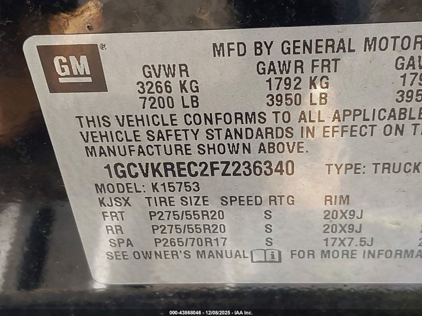 2015 Chevrolet Silverado 1500 1Lt VIN: 1GCVKREC2FZ236340 Lot: 43868046