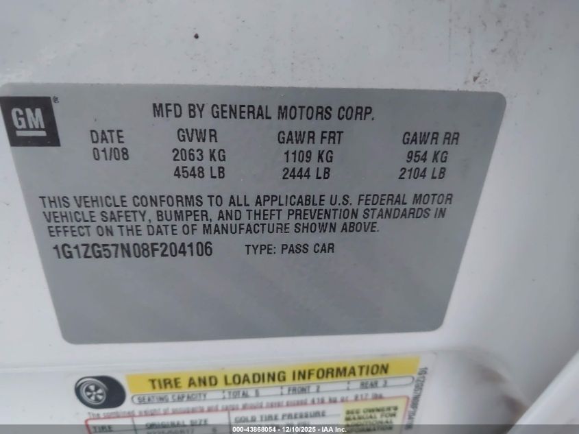 2008 Chevrolet Malibu Ls VIN: 1G1ZG57N08F204106 Lot: 43868054