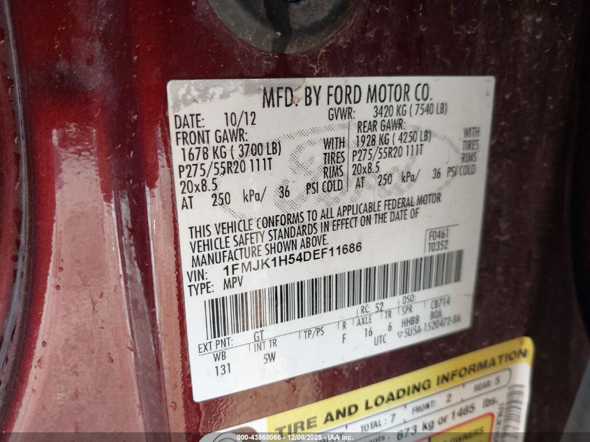 2013 Ford Expedition El King Ranch VIN: 1FMJK1H54DEF11686 Lot: 43868066