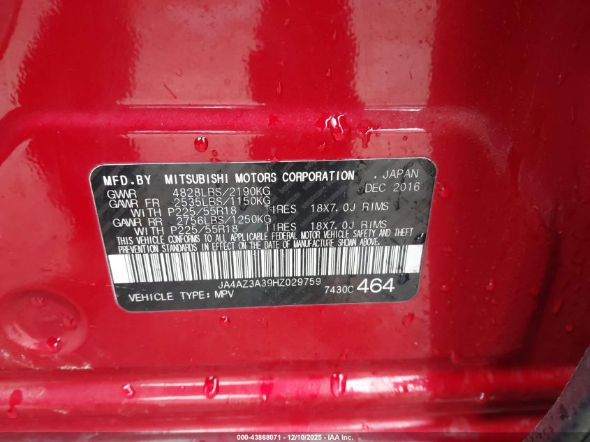 2017 Mitsubishi Outlander Se/Sel VIN: JA4AZ3A39HZ029759 Lot: 43868071