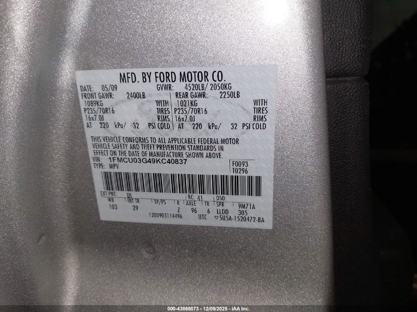 2009 Ford Escape Xlt VIN: 1FMCU03G49KC40837 Lot: 43868073