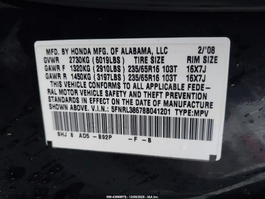 2008 Honda Odyssey Ex-L VIN: 5FNRL38678B041201 Lot: 43868079