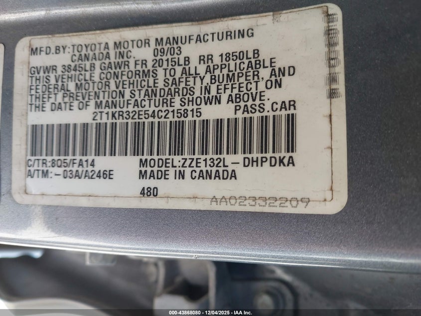 2T1KR32E54C215815 2004 TOYOTA MATRIX photo no. 9