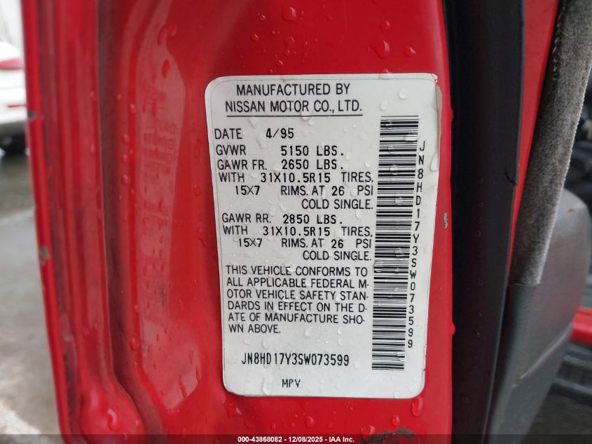 1995 Nissan Pathfinder Le/Se/Xe VIN: JN8HD17Y3SW073599 Lot: 43868082