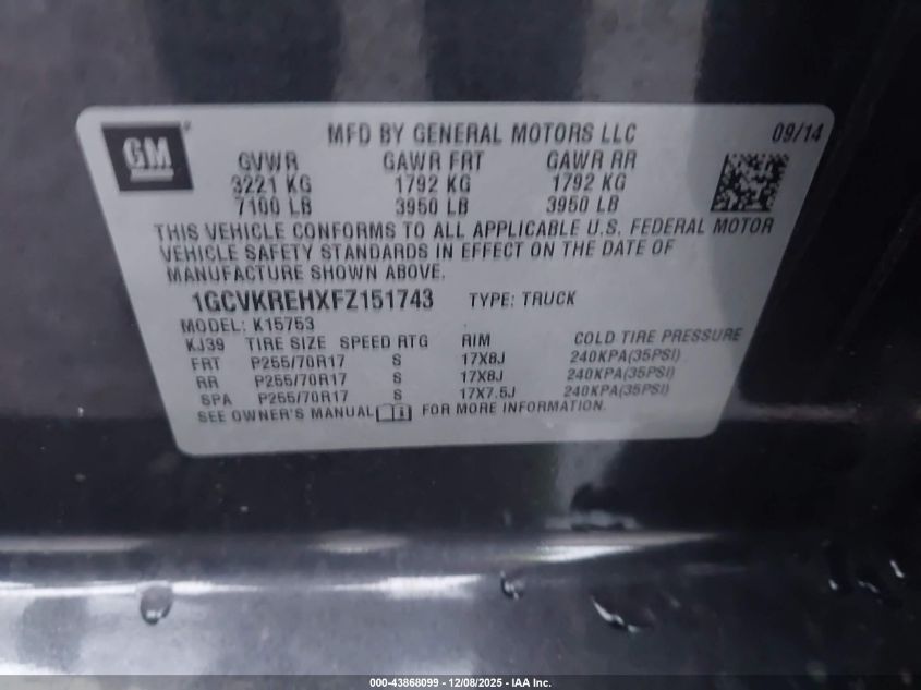 2015 Chevrolet Silverado 1500 1Lt VIN: 1GCVKREHXFZ151743 Lot: 43868099