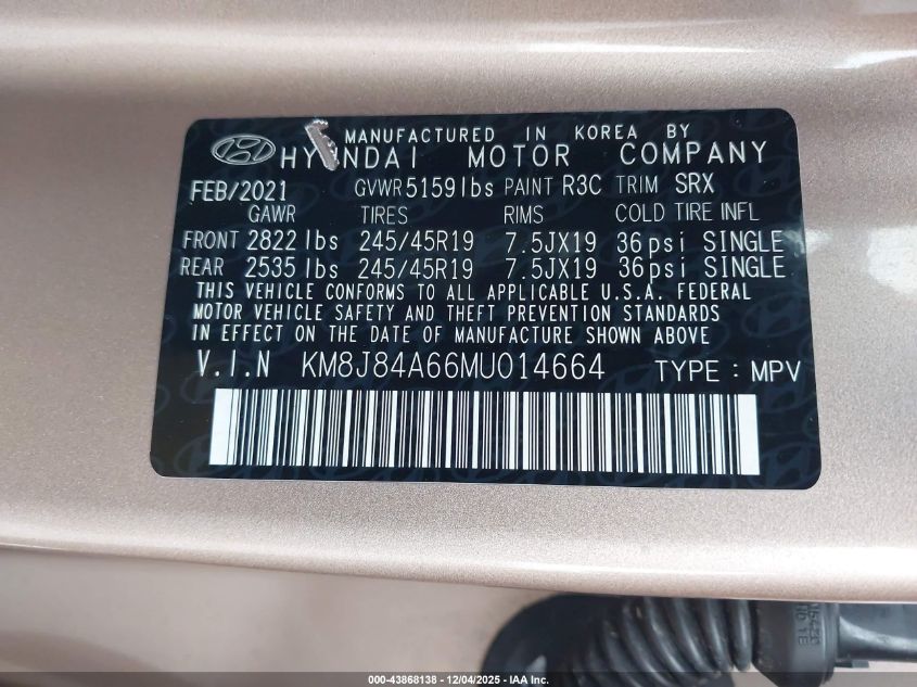 2021 Hyundai Nexo Limited VIN: KM8J84A66MU014664 Lot: 43868138