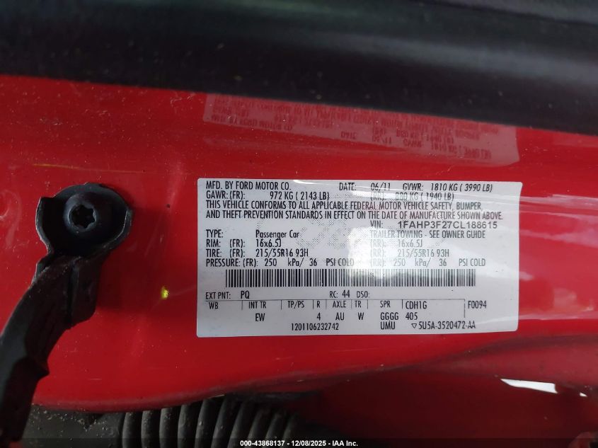 2012 Ford Focus Se VIN: 1FAHP3F27CL188615 Lot: 43868137