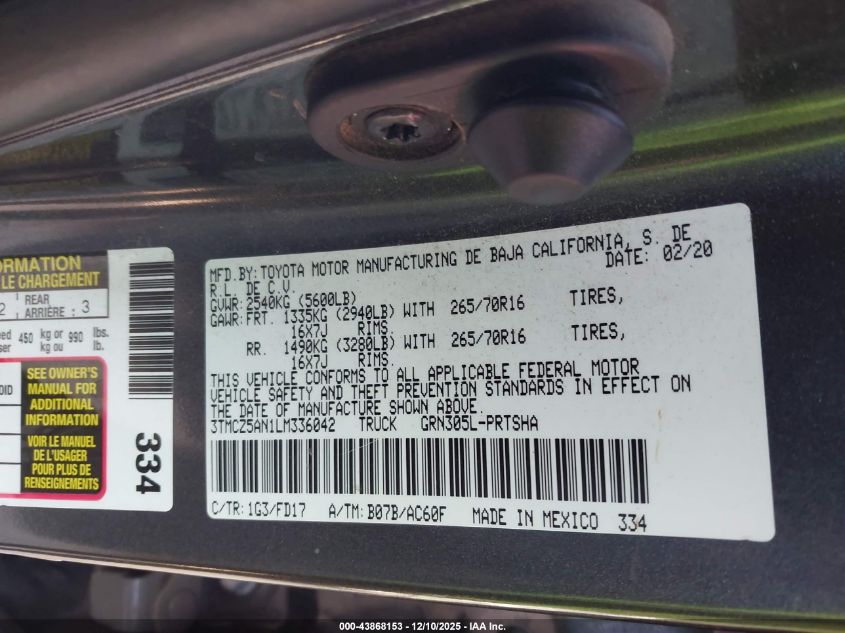 2020 Toyota Tacoma Trd Off-Road VIN: 3TMCZ5AN1LM336042 Lot: 43868153