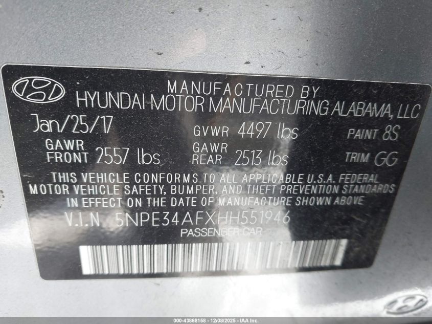 2017 Hyundai Sonata Sport VIN: 5NPE34AFXHH551946 Lot: 43868158