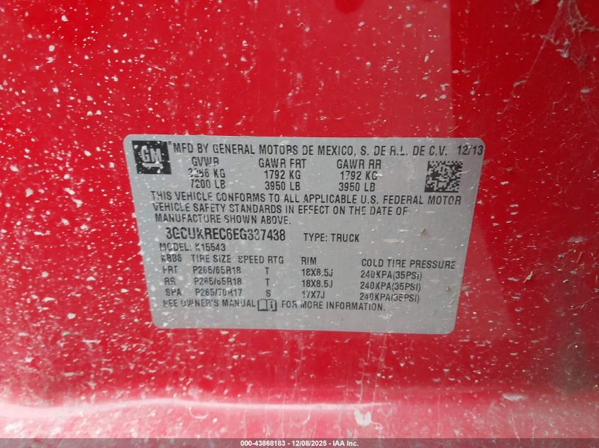 2014 Chevrolet Silverado 1500 1Lt VIN: 3GCUKREC6EG337438 Lot: 43868183