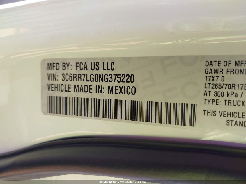 2022 Ram 1500 Classic Slt 4X4 5'7 Box VIN: 3C6RR7LG0NG375220 Lot: 43868185