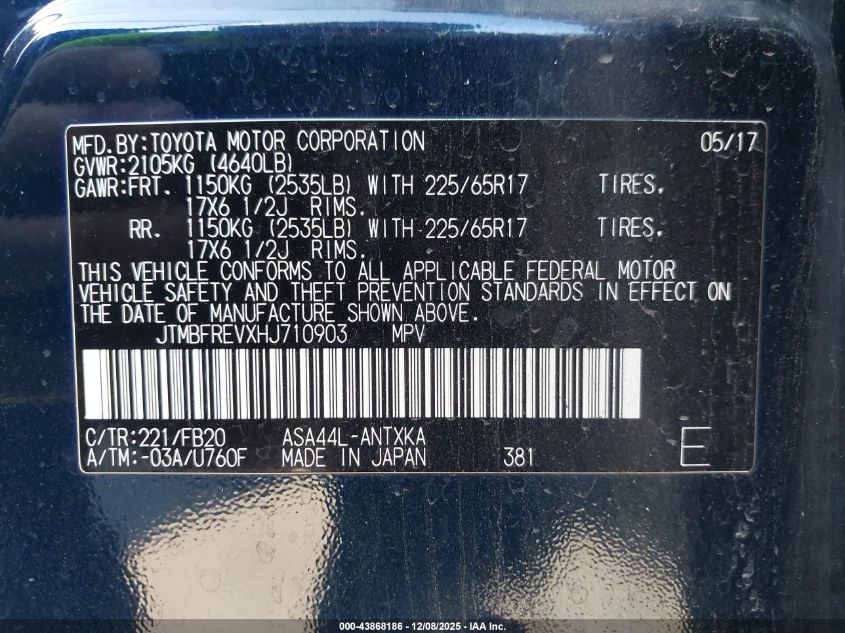 2017 Toyota Rav4 Le VIN: JTMBFREVXHJ710903 Lot: 43868186