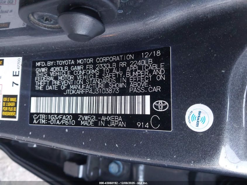 2018 Toyota Prius Prime Plus VIN: JTDKARFP4J3103873 Lot: 43868192