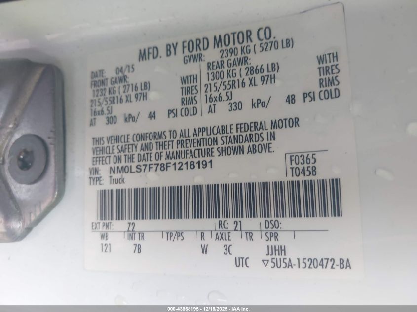 2015 Ford Transit Connect Xlt VIN: NM0LS7F78F1218191 Lot: 43868195