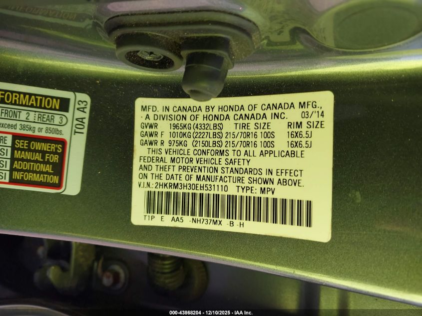 2014 Honda Cr-V Lx VIN: 2HKRM3H30EH531110 Lot: 43868204