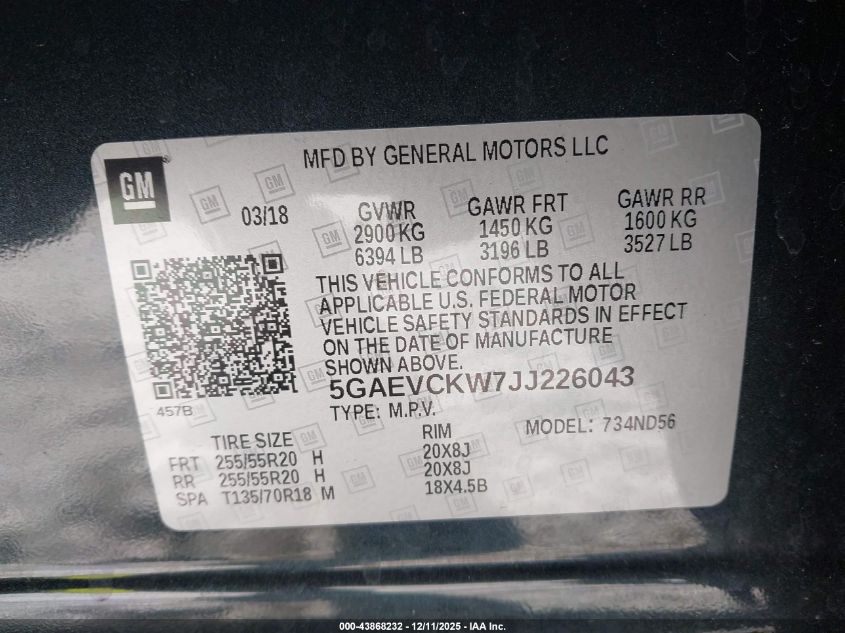 2018 Buick Enclave Avenir VIN: 5GAEVCKW7JJ226043 Lot: 43868232