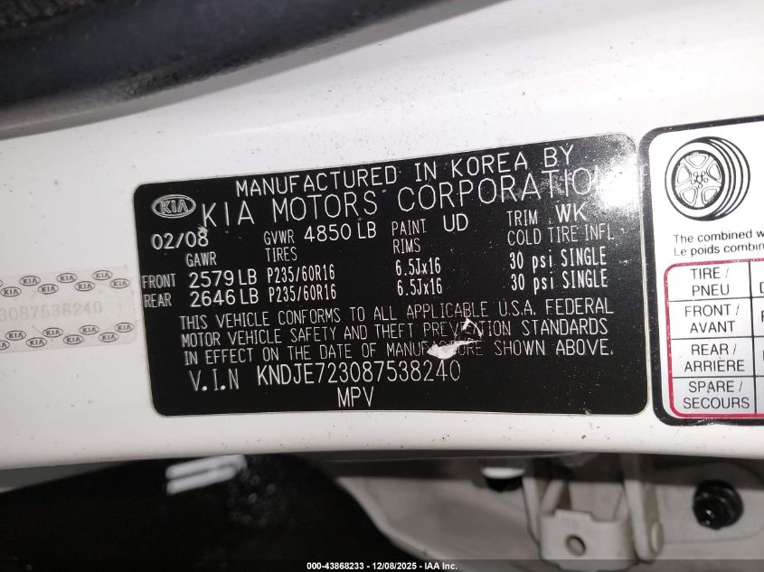 2008 Kia Sportage Lx V6 VIN: KNDJE723087538240 Lot: 43868233
