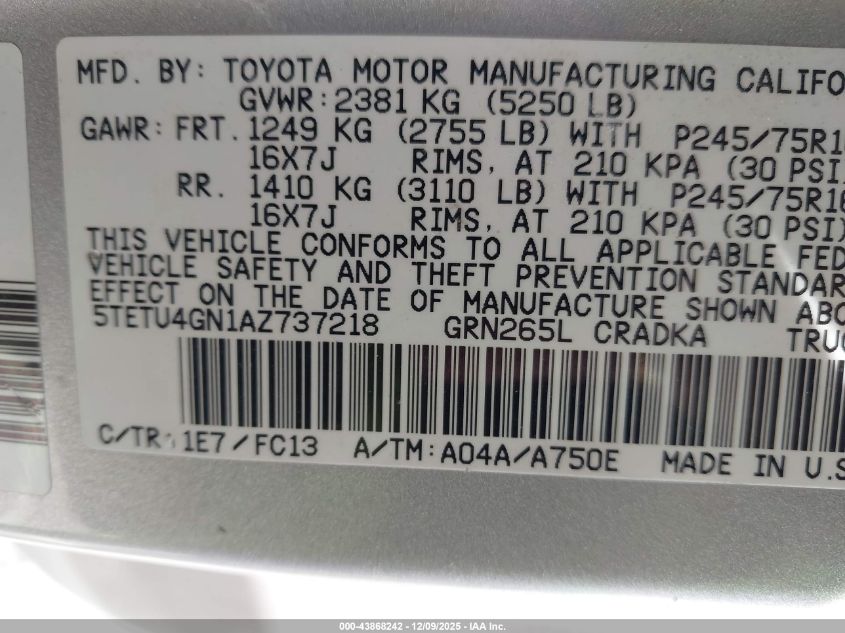 2010 Toyota Tacoma Prerunner V6 VIN: 5TETU4GN1AZ737218 Lot: 43868242