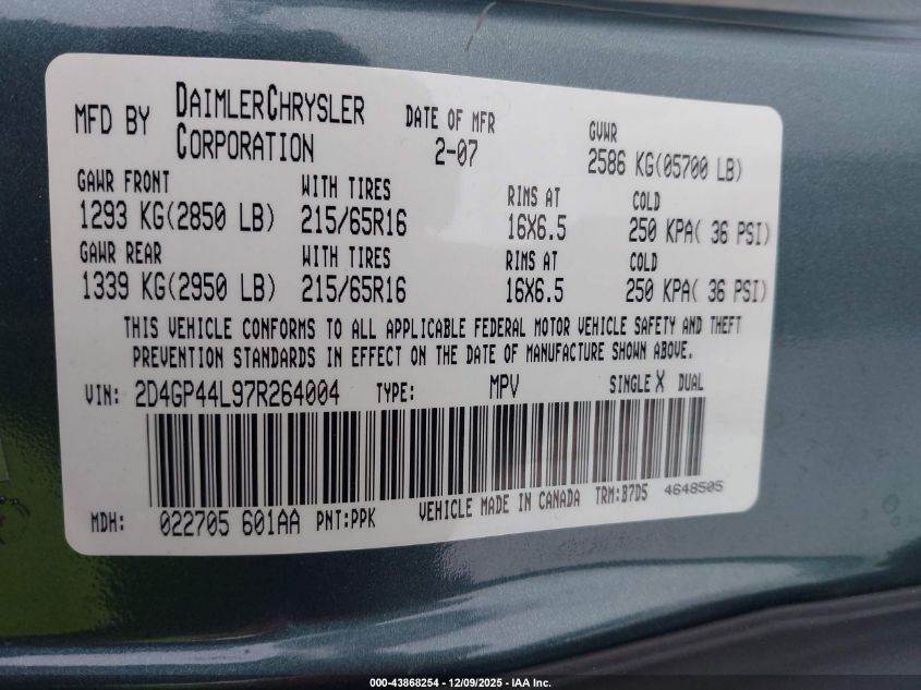 2007 Dodge Grand Caravan Sxt VIN: 2D4GP44L97R264004 Lot: 43868254