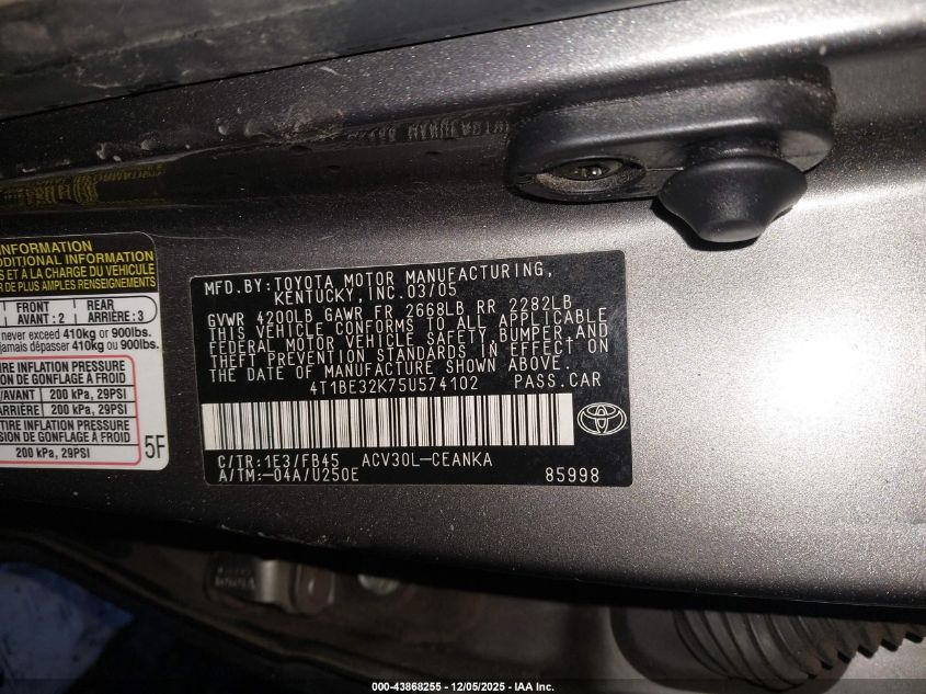 2005 Toyota Camry Le VIN: 4T1BE32K75U574102 Lot: 43868255