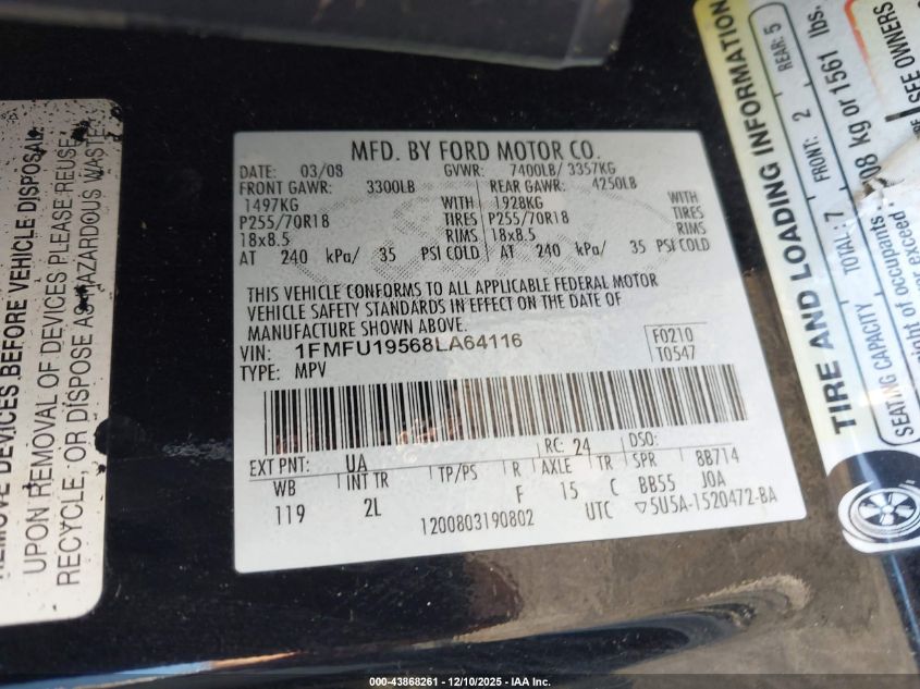 2008 Ford Expedition Limited VIN: 1FMFU19568LA64116 Lot: 43868261
