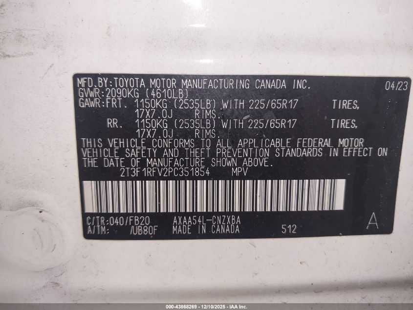 2023 Toyota Rav4 Le VIN: 2T3F1RFV2PC351854 Lot: 43868269