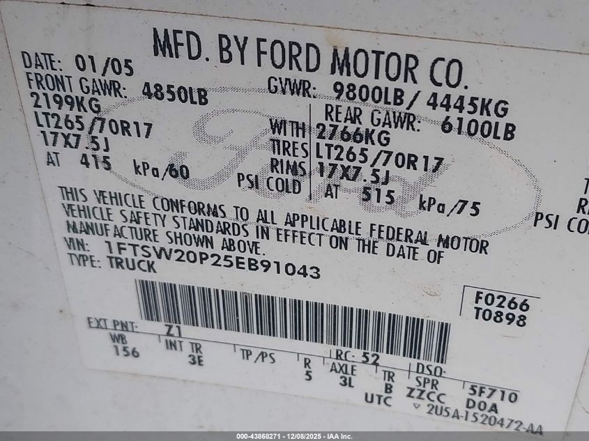 2005 Ford F-250 Lariat/Xl/Xlt VIN: 1FTSW20P25EB91043 Lot: 43868271