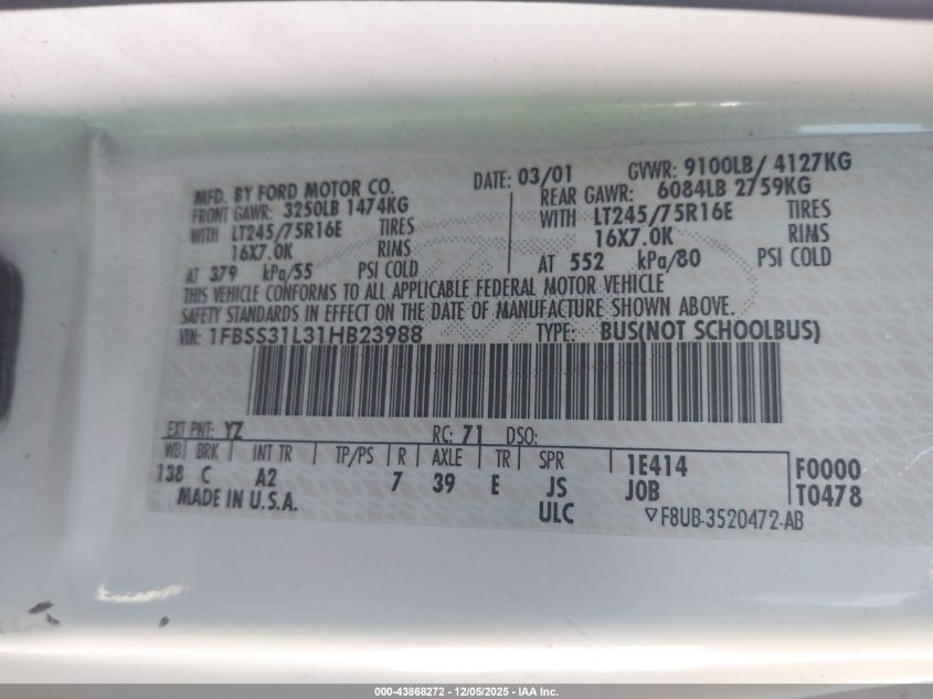 2001 Ford E-350 Super Duty Xl/Xlt VIN: 1FBSS31L31HB23988 Lot: 43868272