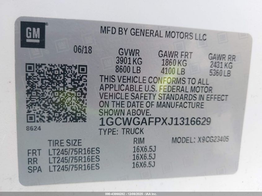 2018 Chevrolet Express 2500 Work Van VIN: 1GCWGAFPXJ1316629 Lot: 43868282