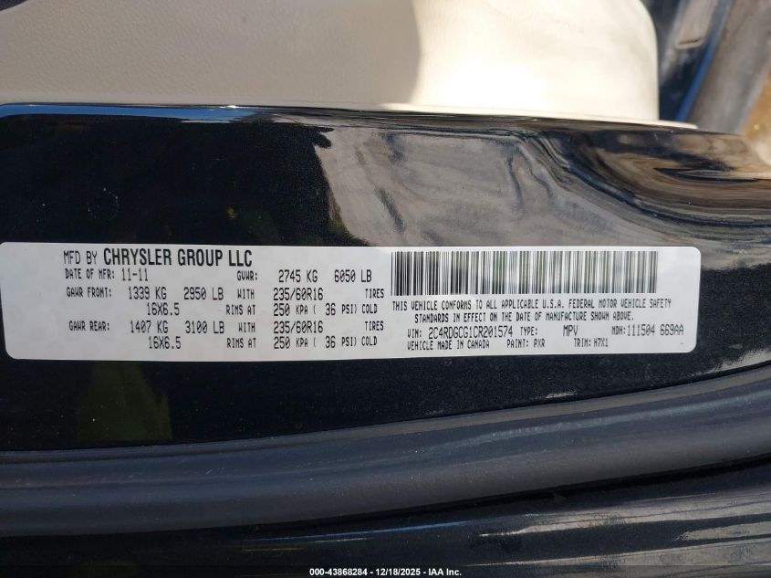 2012 Dodge Grand Caravan Sxt VIN: 2C4RDGCG1CR201574 Lot: 43868284