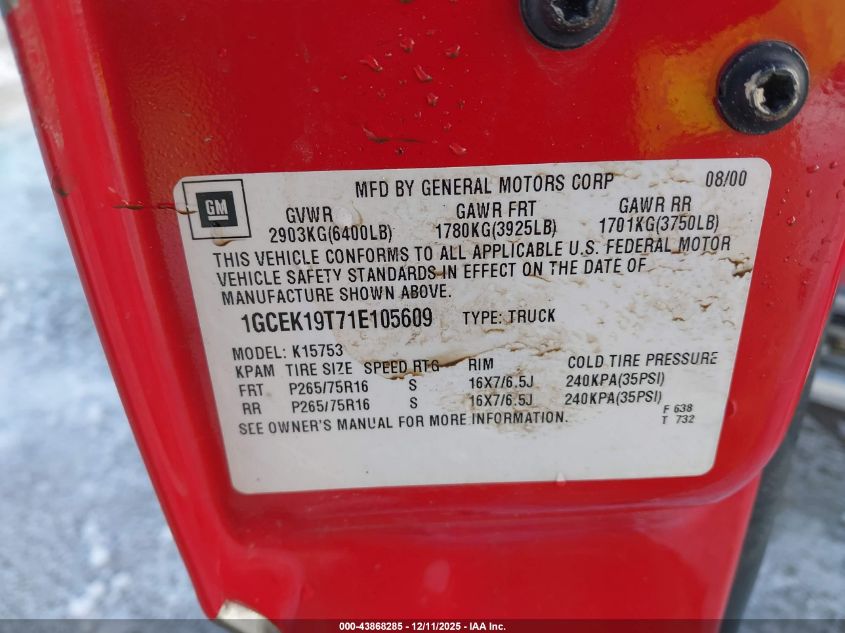 2001 Chevrolet Silverado 1500 Ls VIN: 1GCEK19T71E105609 Lot: 43868285