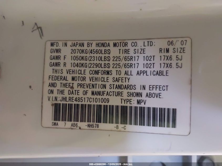 2007 Honda Cr-V Ex VIN: JHLRE48517C101009 Lot: 43868286