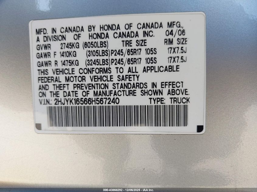 2006 Honda Ridgeline Rtl VIN: 2HJYK16566H567240 Lot: 43868292