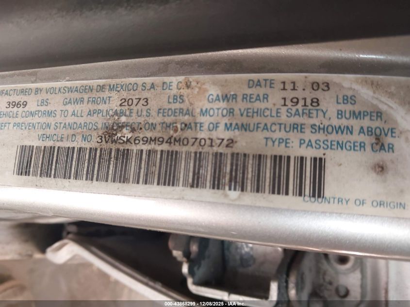 2004 Volkswagen Jetta Gls 2.0L VIN: 3VWSK69M94M070172 Lot: 43868299