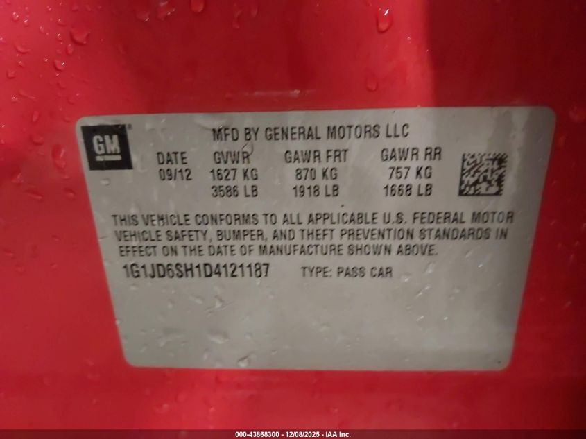 2013 Chevrolet Sonic Lt Manual VIN: 1G1JD6SH1D4121187 Lot: 43868300