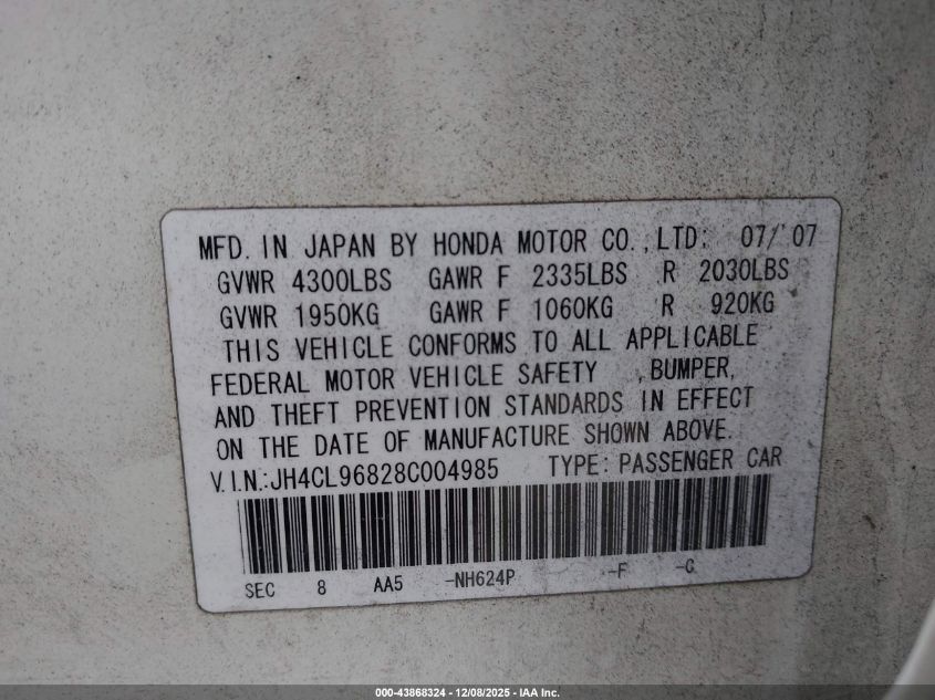 2008 Acura Tsx VIN: JH4CL96828C004985 Lot: 43868324