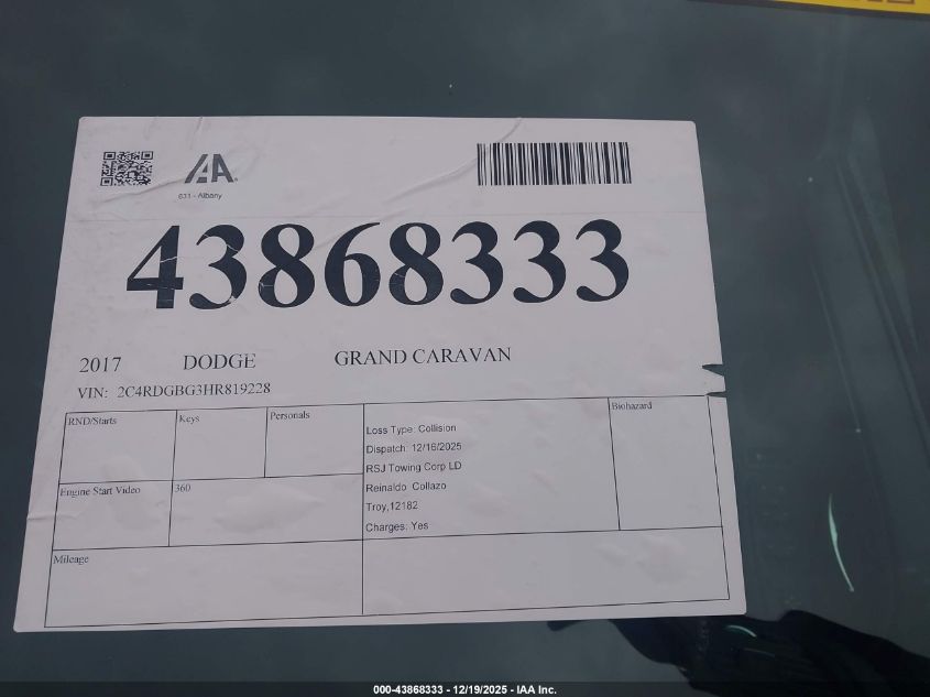 2017 Dodge Grand Caravan Se Plus VIN: 2C4RDGBG3HR819228 Lot: 43868333