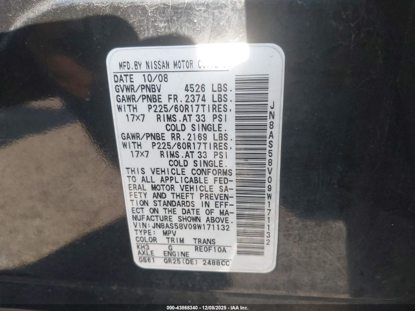 2009 Nissan Rogue Sl VIN: JN8AS58V09W171132 Lot: 43868340