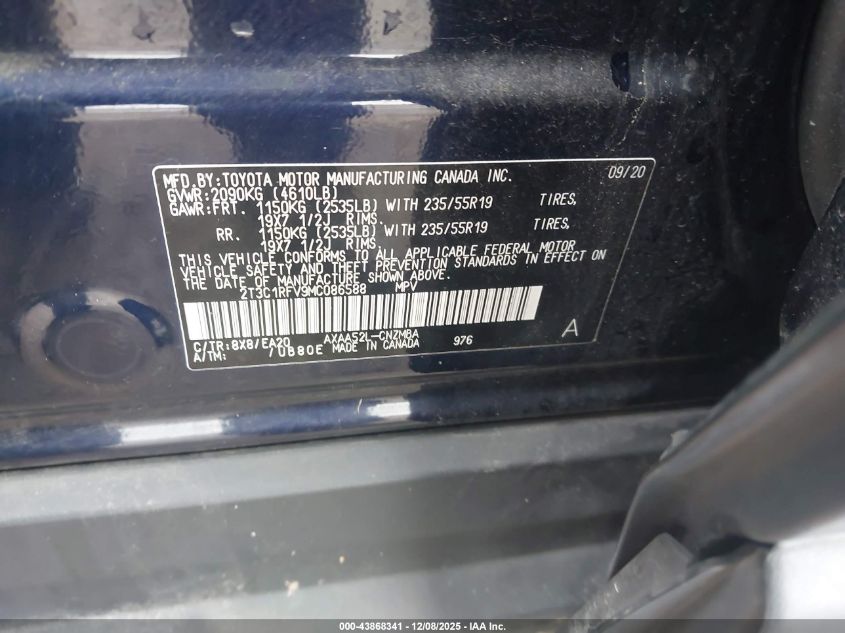 2021 Toyota Rav4 Xle Premium VIN: 2T3C1RFV9MC086588 Lot: 43868341