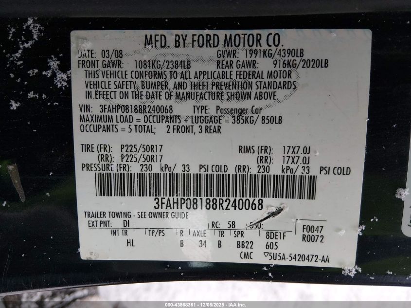 2008 Ford Fusion Sel VIN: 3FAHP08188R240068 Lot: 43868361