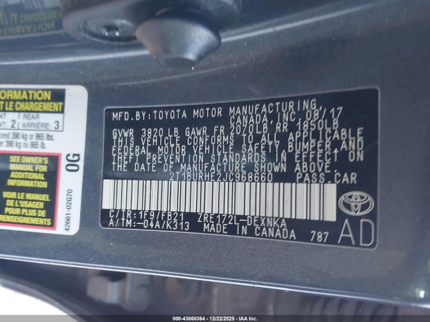 2018 Toyota Corolla Le VIN: 2T1BURHE2JC968660 Lot: 43868364