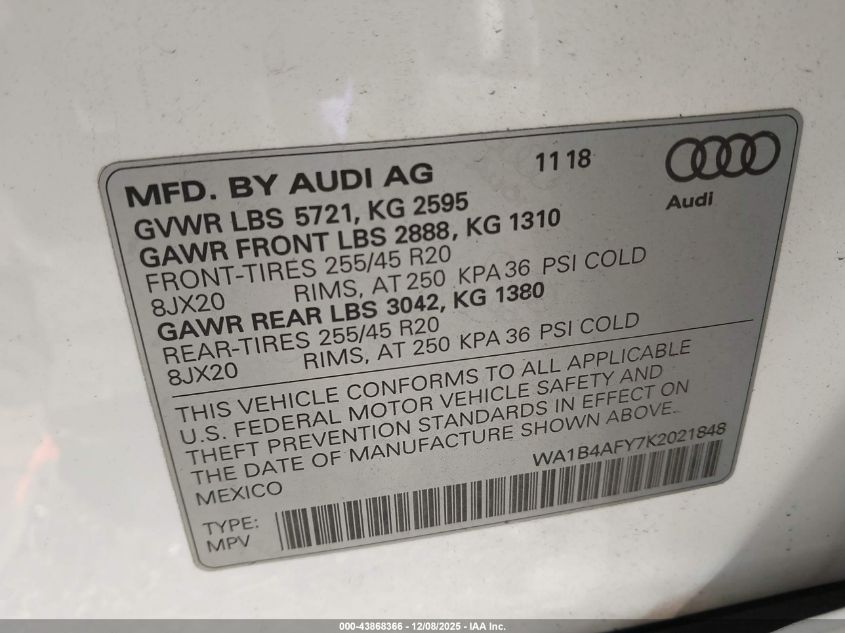 2019 Audi Sq5 3.0T Premium VIN: WA1B4AFY7K2021848 Lot: 43868366